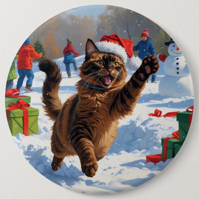 Abyssinian Cat Christmas Festive Snow Scene 6 Inch Round Button (Front)