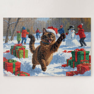 Abyssinian Cat Christmas Festive Snow Scene Jigsaw Puzzle