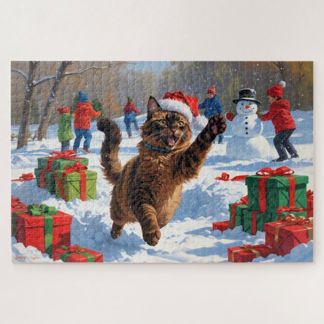 Abyssinian Cat Christmas Festive Snow Scene Jigsaw Puzzle (Horizontal)
