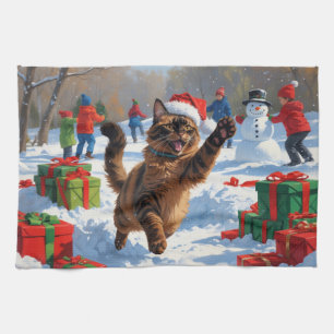 Abyssinian Cat Christmas Festive Snow Scene Kitchen Towel
