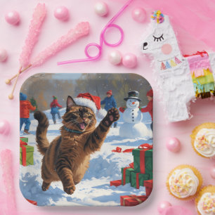 Abyssinian Cat Christmas Festive Snow Scene Paper Plate