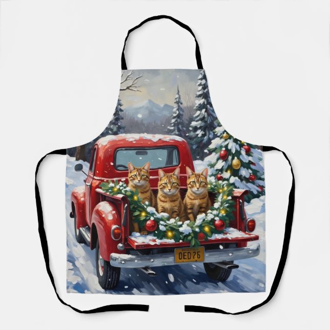 Abyssinian Cat Christmas Red Truck Holiday Apron (Front)