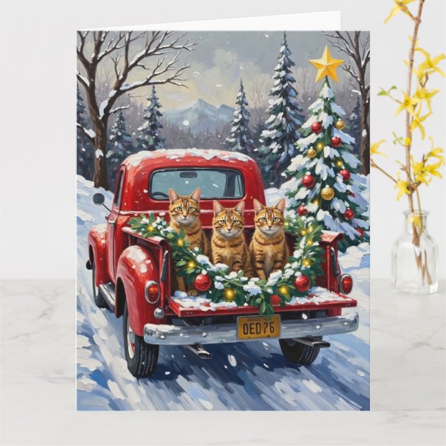 Abyssinian Cat Christmas Red Truck Holiday Card (Yellow Flower)