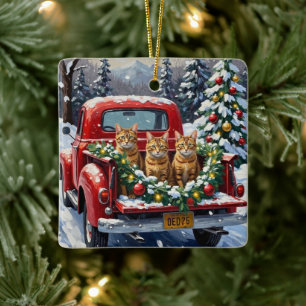 Abyssinian Cat Christmas Red Truck Holiday Ceramic Ornament