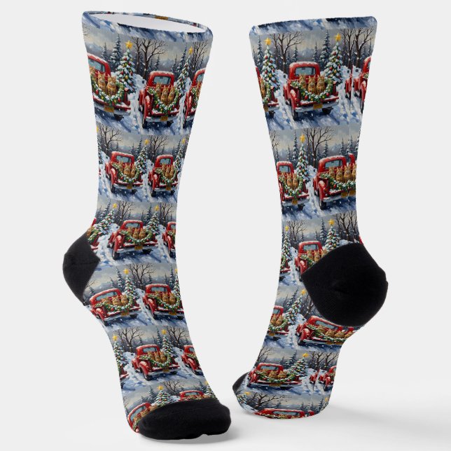 Abyssinian Cat Christmas Red Truck Holiday Socks (Angled)