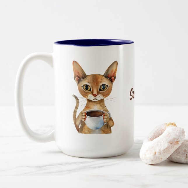Abyssinian Cat Coffee Personalized Two-Tone Coffee Mug (With Donut)