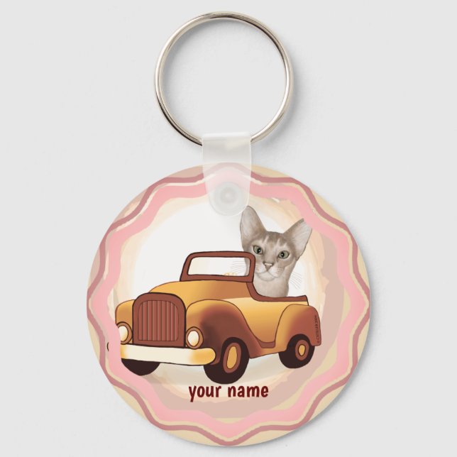 Abyssinian Cat Driving Car   Keychain (Front)