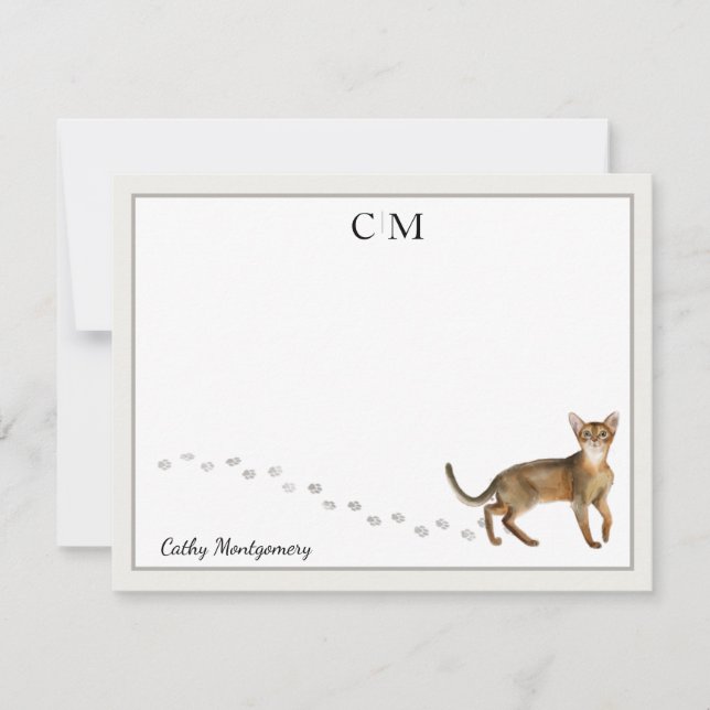 Abyssinian Cat Grey Border Monogram and Name Card (Front)