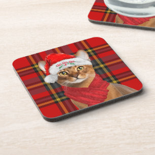 Abyssinian Cat Ho Ho Ho Santa Hat Meowy Christmas  Coaster