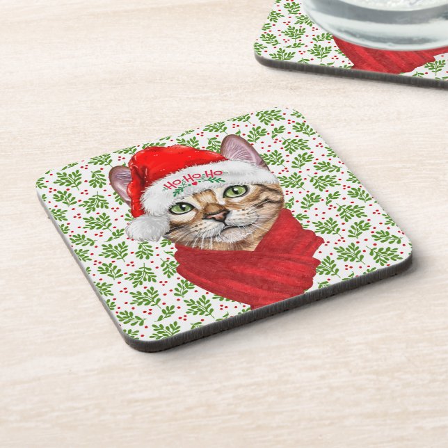 Abyssinian Cat Ho Ho Ho Santa Hat Meowy Christmas Coaster (Left Side)
