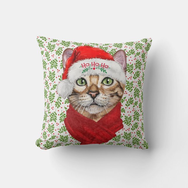 Abyssinian Cat Ho Ho Ho Santa Hat Meowy Christmas Throw Pillow (Front)