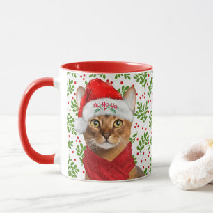 Abyssinian Cat in a Santa Hat with Holly Christmas Mug