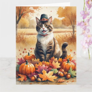 Abyssinian Cat  in Autumn Leaves Thanksgiving Art  Card
