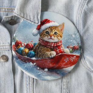 Abyssinian Cat in Sledge Let it Snow Christmas 6 Inch Round Button