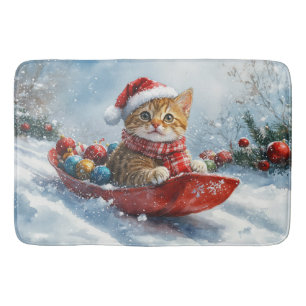 Abyssinian Cat in Sledge Let it Snow Christmas Bath Mat