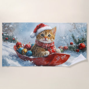 Abyssinian Cat in Sledge Let it Snow Christmas Beach Towel