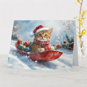 Abyssinian Cat in Sledge Let it Snow Christmas Card