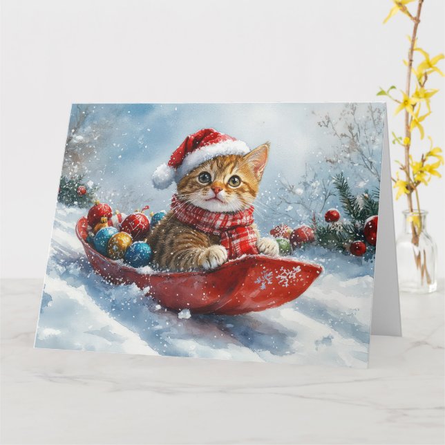 Abyssinian Cat in Sledge Let it Snow Christmas Card (Yellow Flower)
