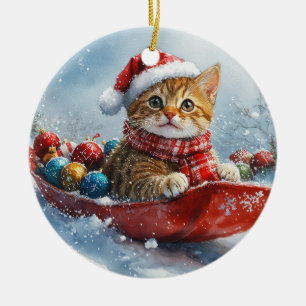 Abyssinian Cat in Sledge Let it Snow Christmas Ceramic Ornament