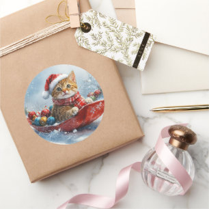 Abyssinian Cat in Sledge Let it Snow Christmas Classic Round Sticker