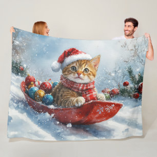 Abyssinian Cat in Sledge Let it Snow Christmas Fleece Blanket