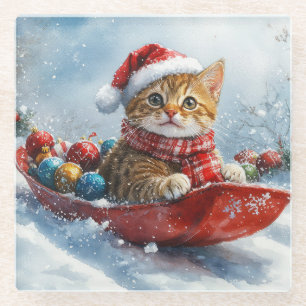 Abyssinian Cat in Sledge Let it Snow Christmas Glass Coaster