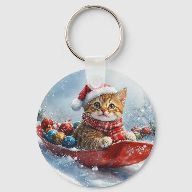 Abyssinian Cat in Sledge Let it Snow Christmas Keychain (Front)