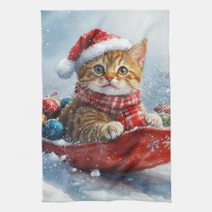 Abyssinian Cat in Sledge Let it Snow Christmas Kitchen Towel