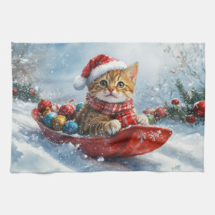 Abyssinian Cat in Sledge Let it Snow Christmas Kitchen Towel