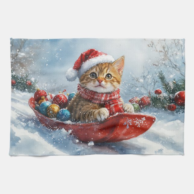 Abyssinian Cat in Sledge Let it Snow Christmas Kitchen Towel (Horizontal)