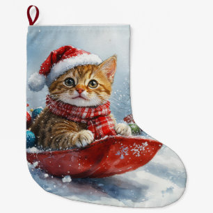 Abyssinian Cat in Sledge Let it Snow Christmas Large Christmas Stocking