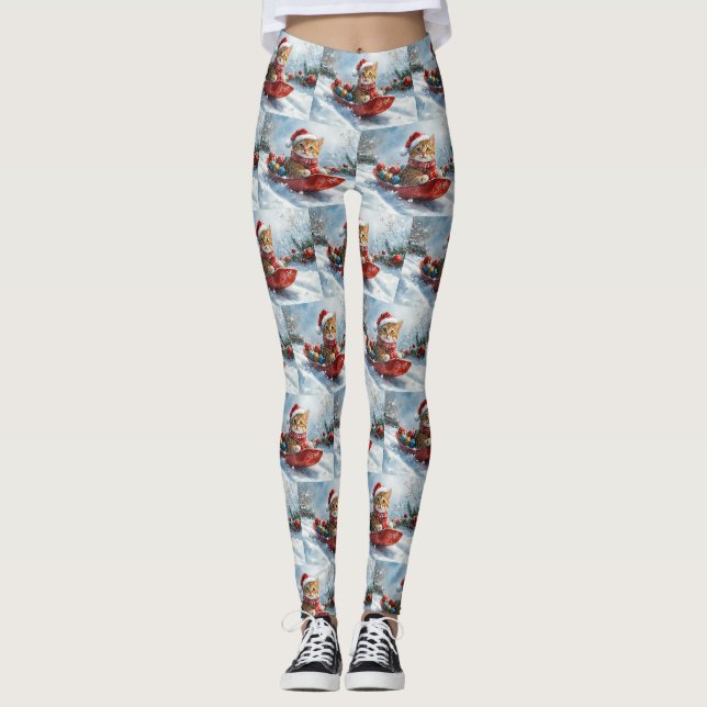 Abyssinian Cat in Sledge Let it Snow Christmas Leggings (Front)