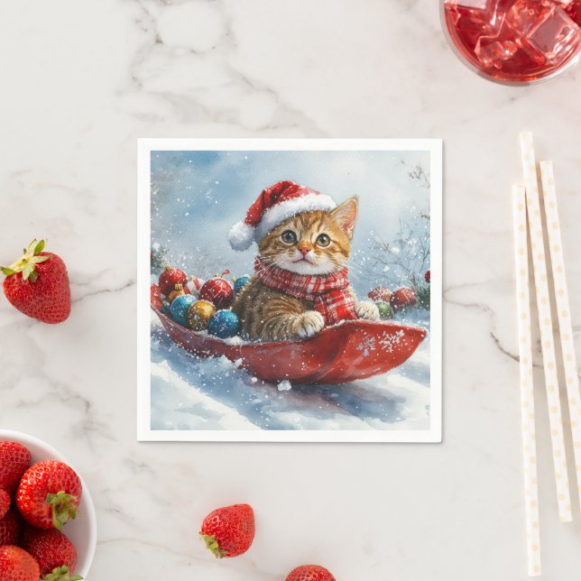 Abyssinian Cat in Sledge Let it Snow Christmas Napkin (Insitu)
