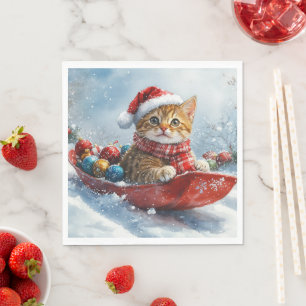 Abyssinian Cat in Sledge Let it Snow Christmas Napkin