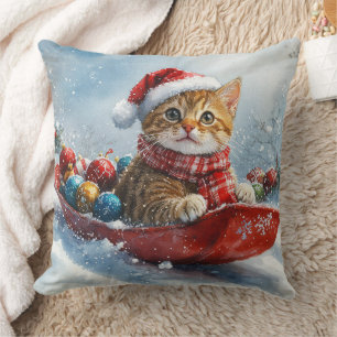 Abyssinian Cat in Sledge Let it Snow Christmas Throw Pillow