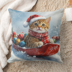 Abyssinian Cat in Sledge Let it Snow Christmas Throw Pillow