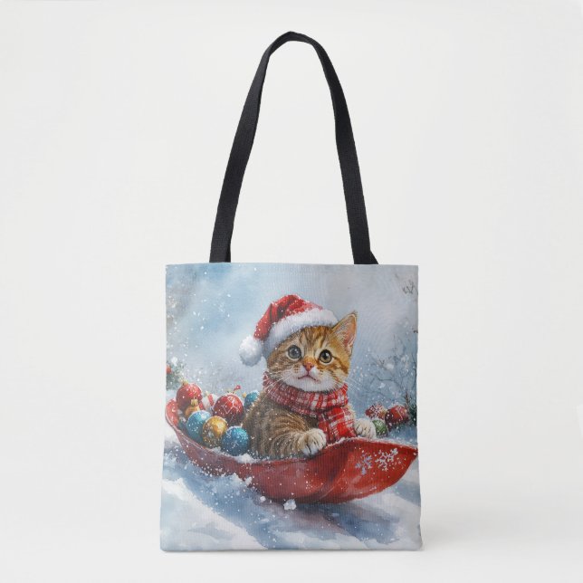 Abyssinian Cat in Sledge Let it Snow Christmas Tote Bag (Front)