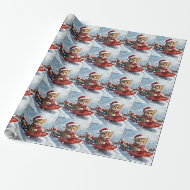 Abyssinian Cat in Sledge Let it Snow Christmas Wrapping Paper (Unrolled)
