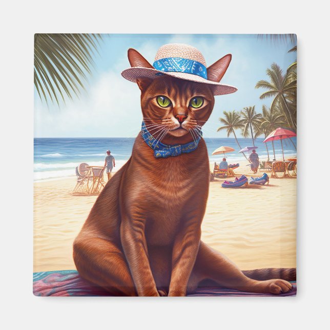 Abyssinian cat on Beach, summer gift for cat lover Magnet (Front)