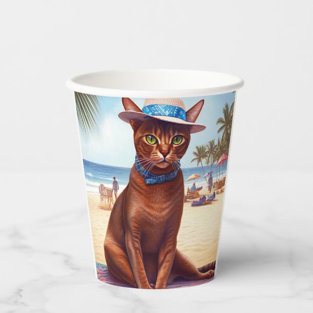 Abyssinian cat on Beach, summer gift for cat lover Paper Cups (Front)