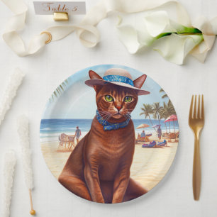 Abyssinian cat on Beach, summer gift for cat lover Paper Plate