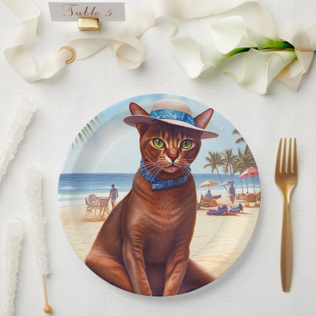 Abyssinian cat on Beach, summer gift for cat lover Paper Plate (Wedding)