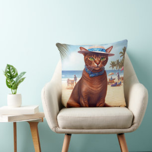 Abyssinian cat on Beach, summer gift for cat lover Throw Pillow