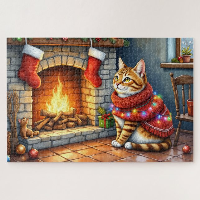 Abyssinian Cat Sitting by Fireplace with Christmas Jigsaw Puzzle (Horizontal)
