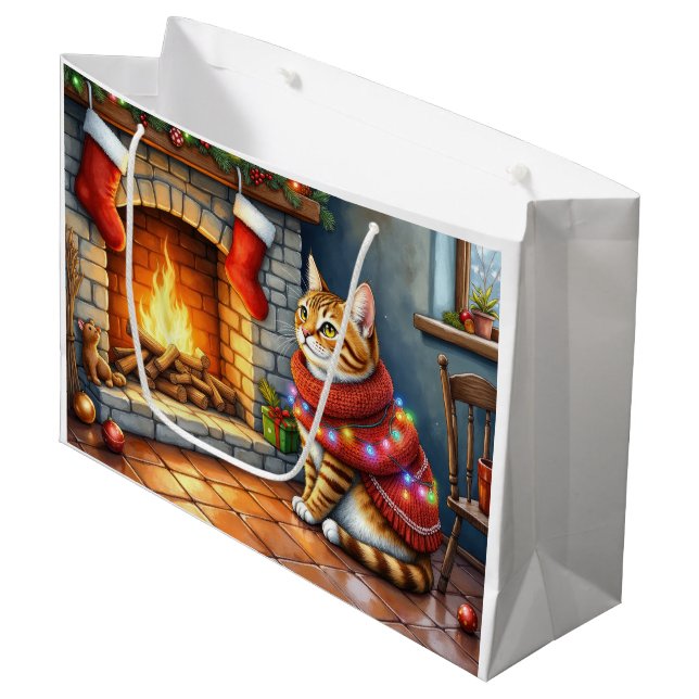 Abyssinian Cat Sitting by Fireplace with Christmas Large Gift Bag (Front Angled)