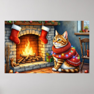 Abyssinian Cat Sitting by Fireplace with Christmas Poster