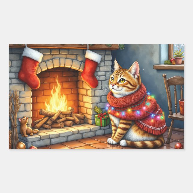 Abyssinian Cat Sitting by Fireplace with Christmas Sticker (Front)