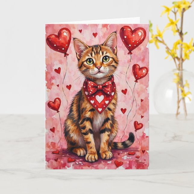 Abyssinian Cat Valentine Sitting with Hearts Red Card (Yellow Flower)