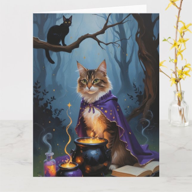 Abyssinian Cat  Whimsical Halloween Painting  Card (Yellow Flower)
