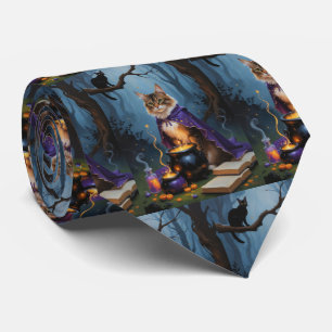Abyssinian Cat Whimsical Halloween Painting Tie